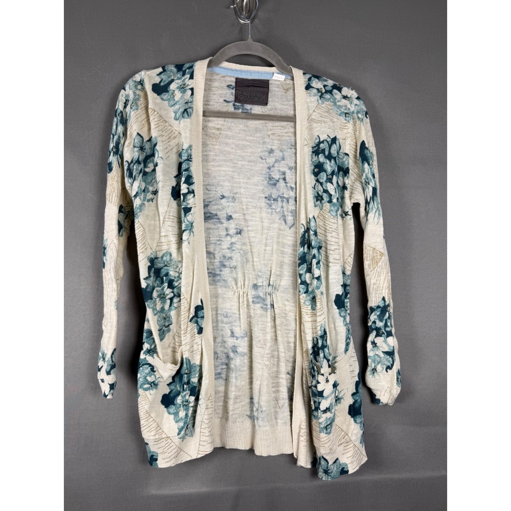 Guinevere Cardigan Women Small Cream Teal Floral Twist Back Metallic Cotton